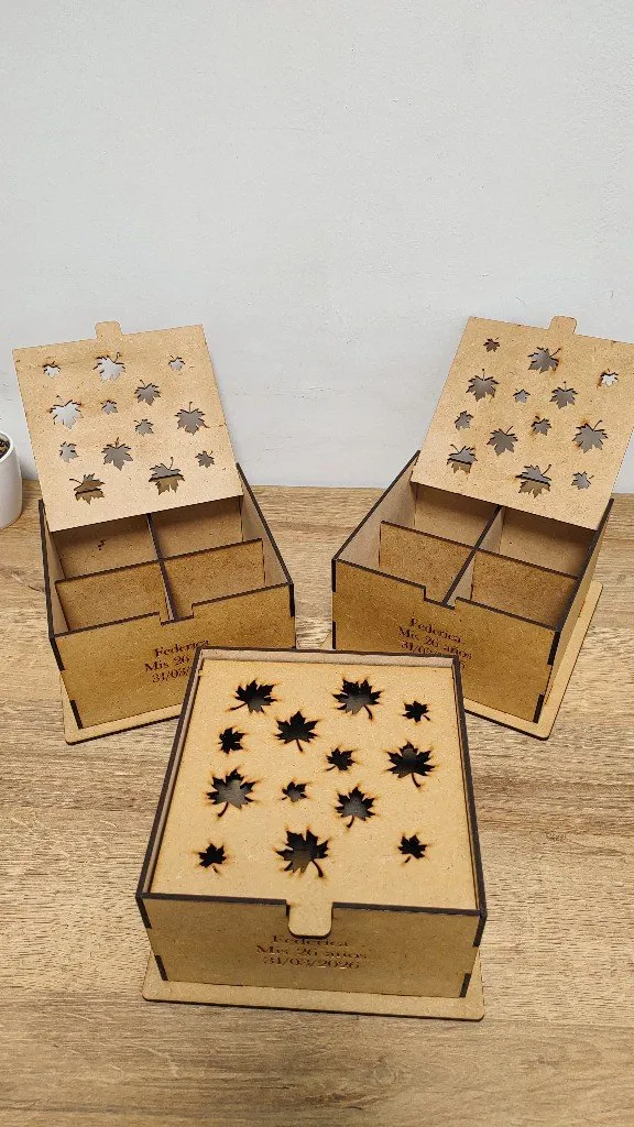 Cajas de té personalizadas, grabadas con nombre y fecha