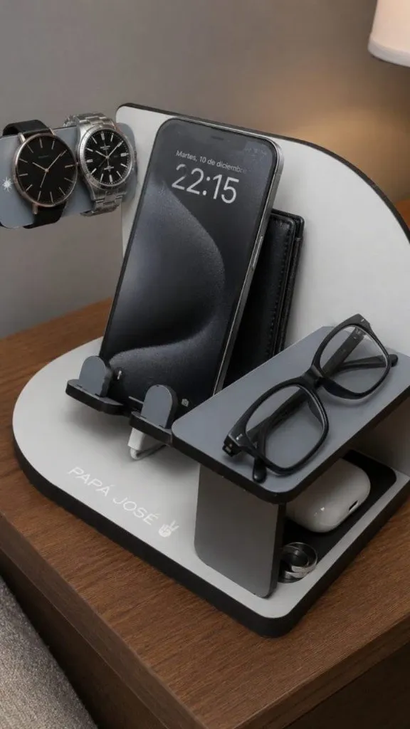 Organizador de mesita de luz con celular, relojes, anteojos y auriculares